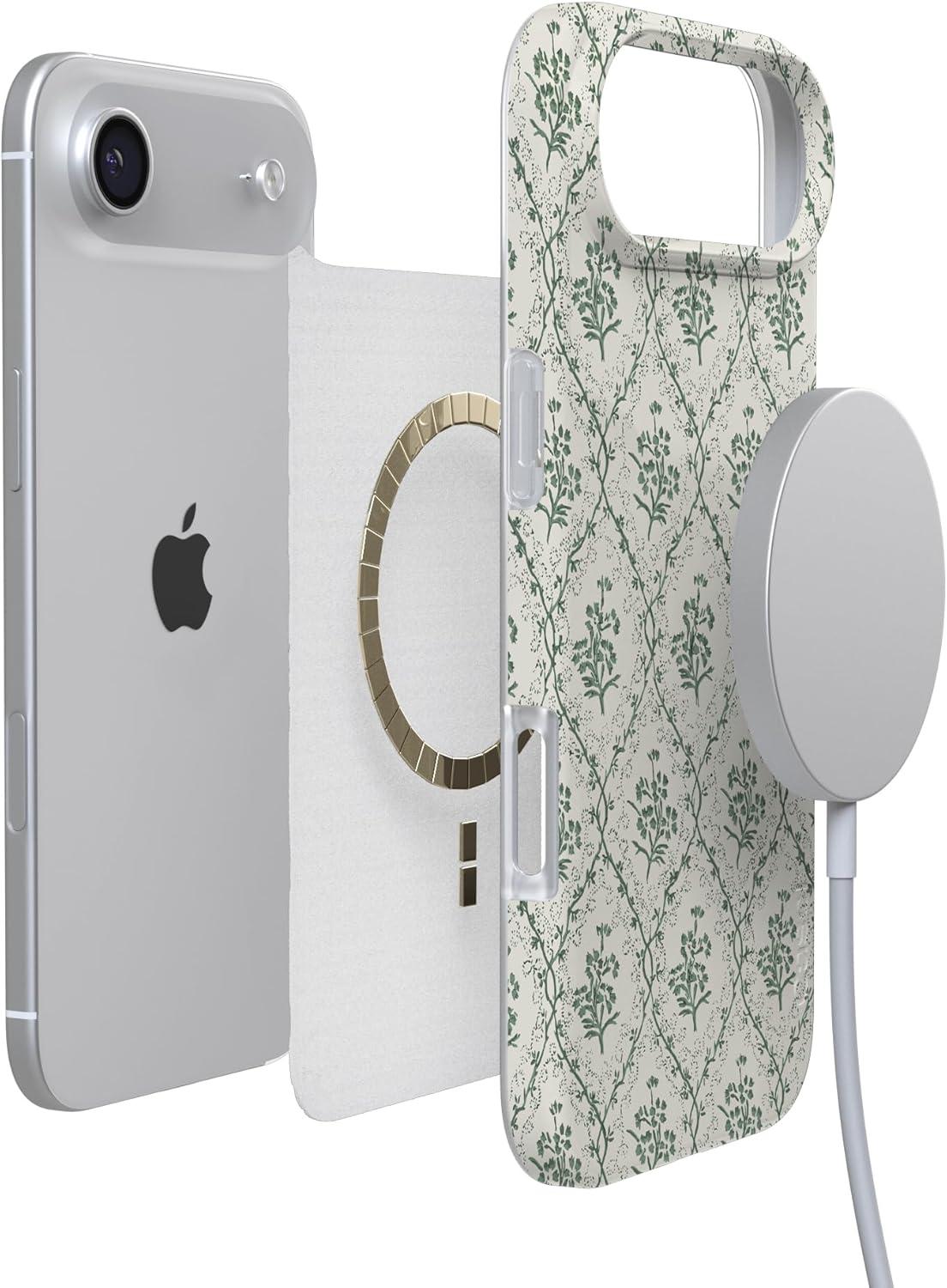 imageCasely iPhone 17 Air Case Coastal Checkers Pura Vida Compatible with MagSafe Classic Ultra Slim DesignSage Tapestry Floral Vines