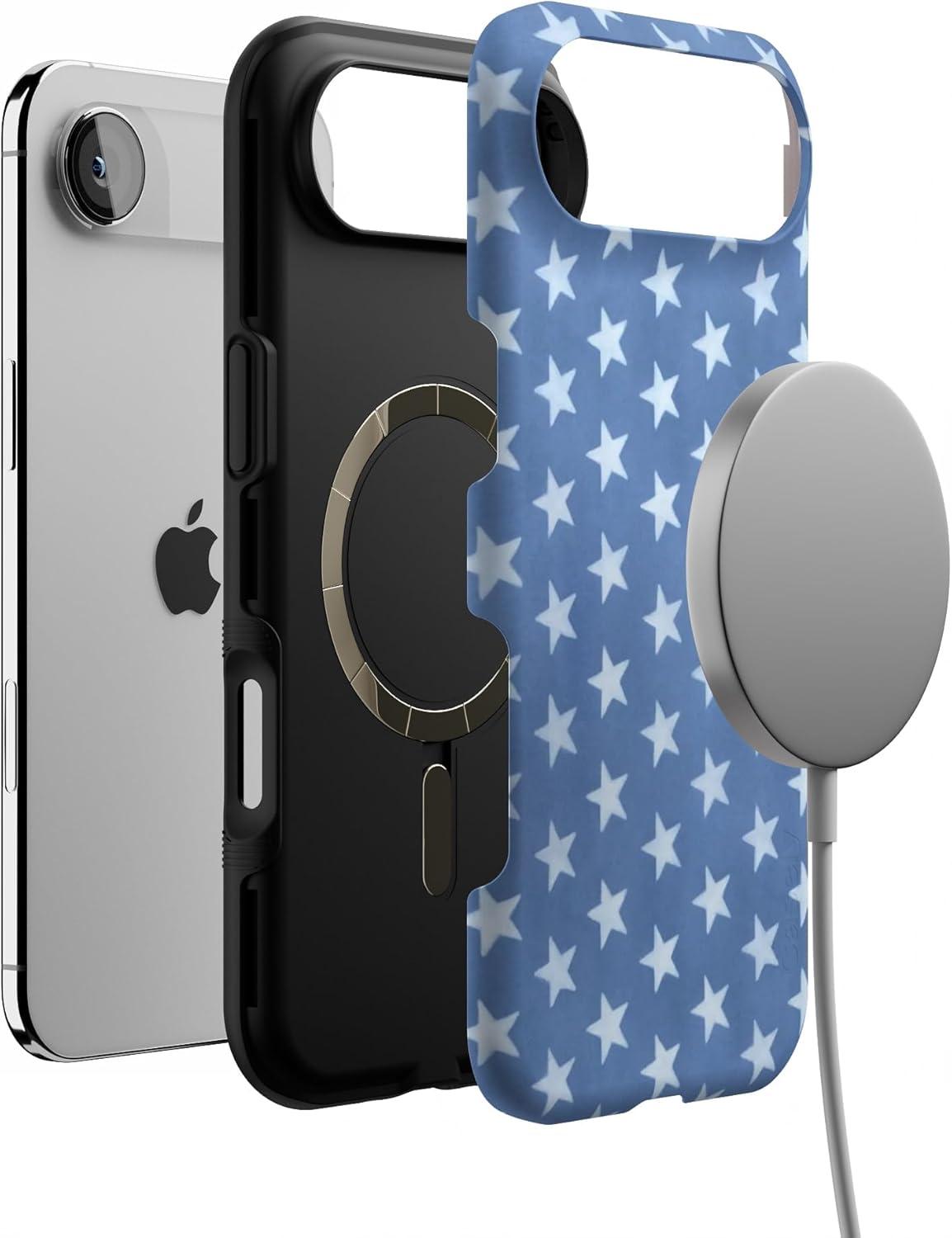 imageCasely iPhone 17 Air Case Taupe on Nude Compatible with MagSafe Bold Protective DesignCoastal Blues Denim Stars