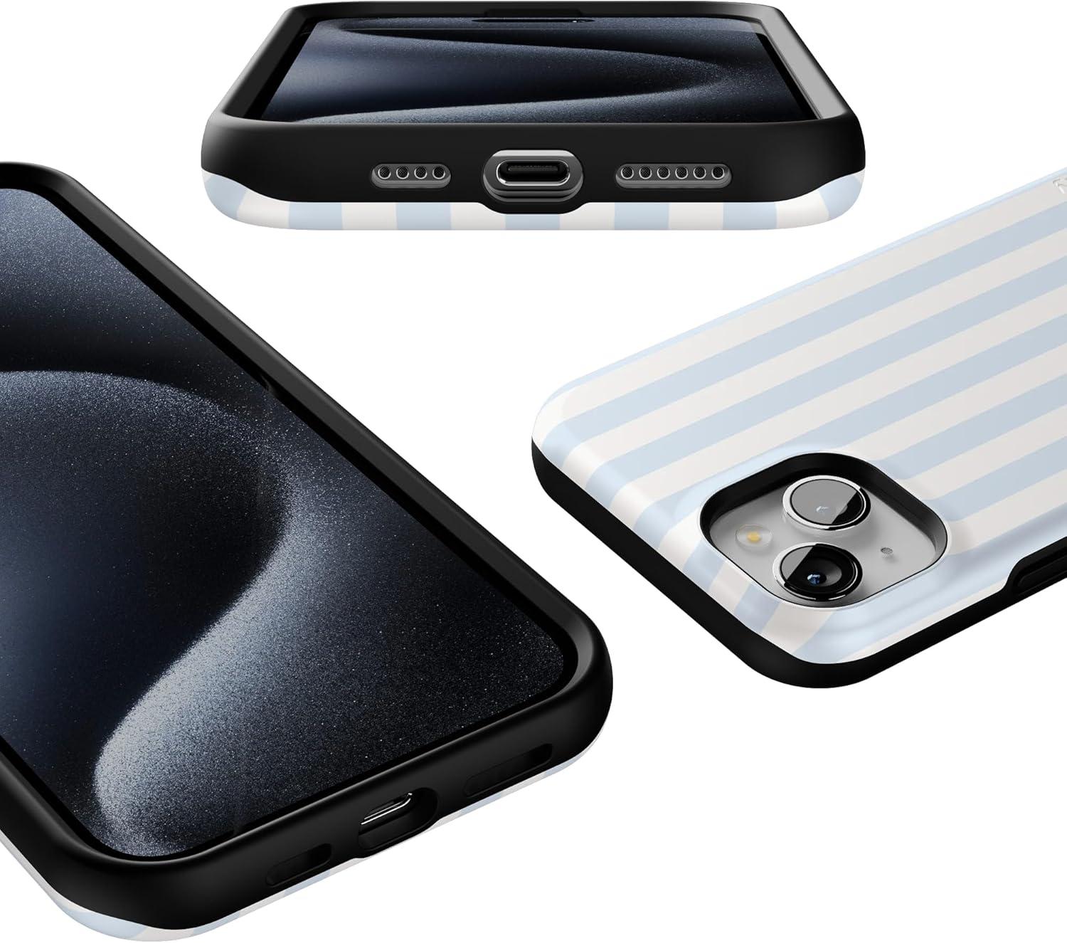 imageCasely iPhone 15 Case Be Mine Tiny Hearts Bold Protective Design Compatible with MagSafeBlue Stripes Sunday Best