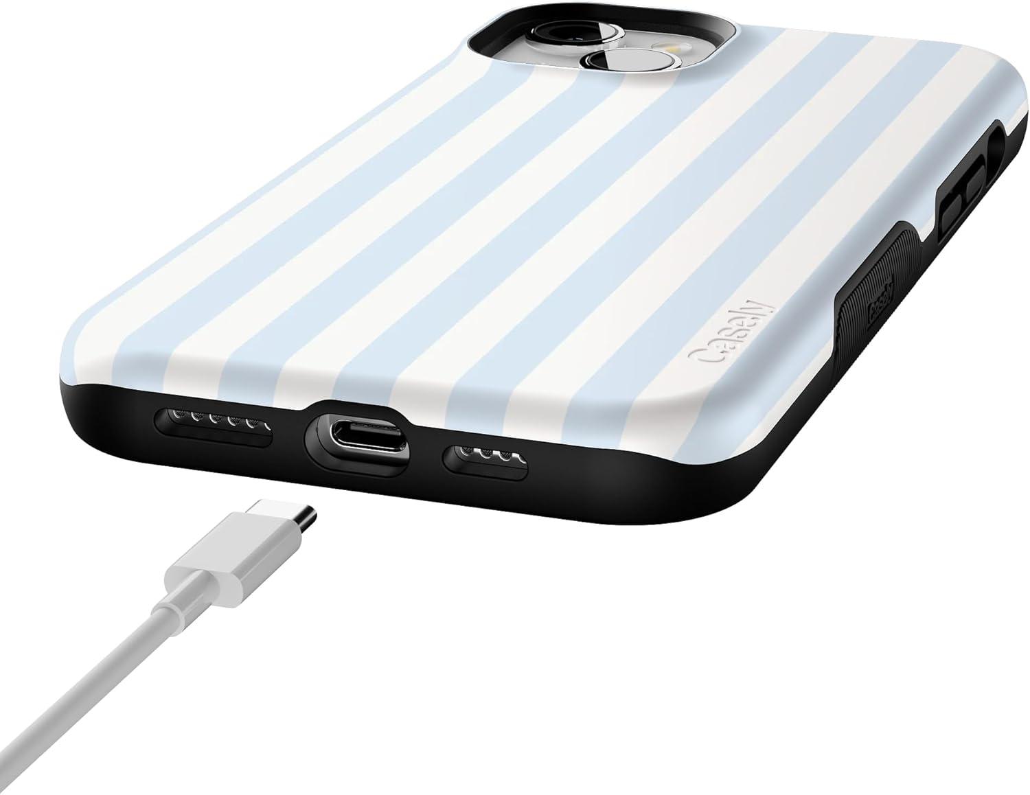 imageCasely iPhone 15 Case Be Mine Tiny Hearts Bold Protective Design Compatible with MagSafeBlue Stripes Sunday Best