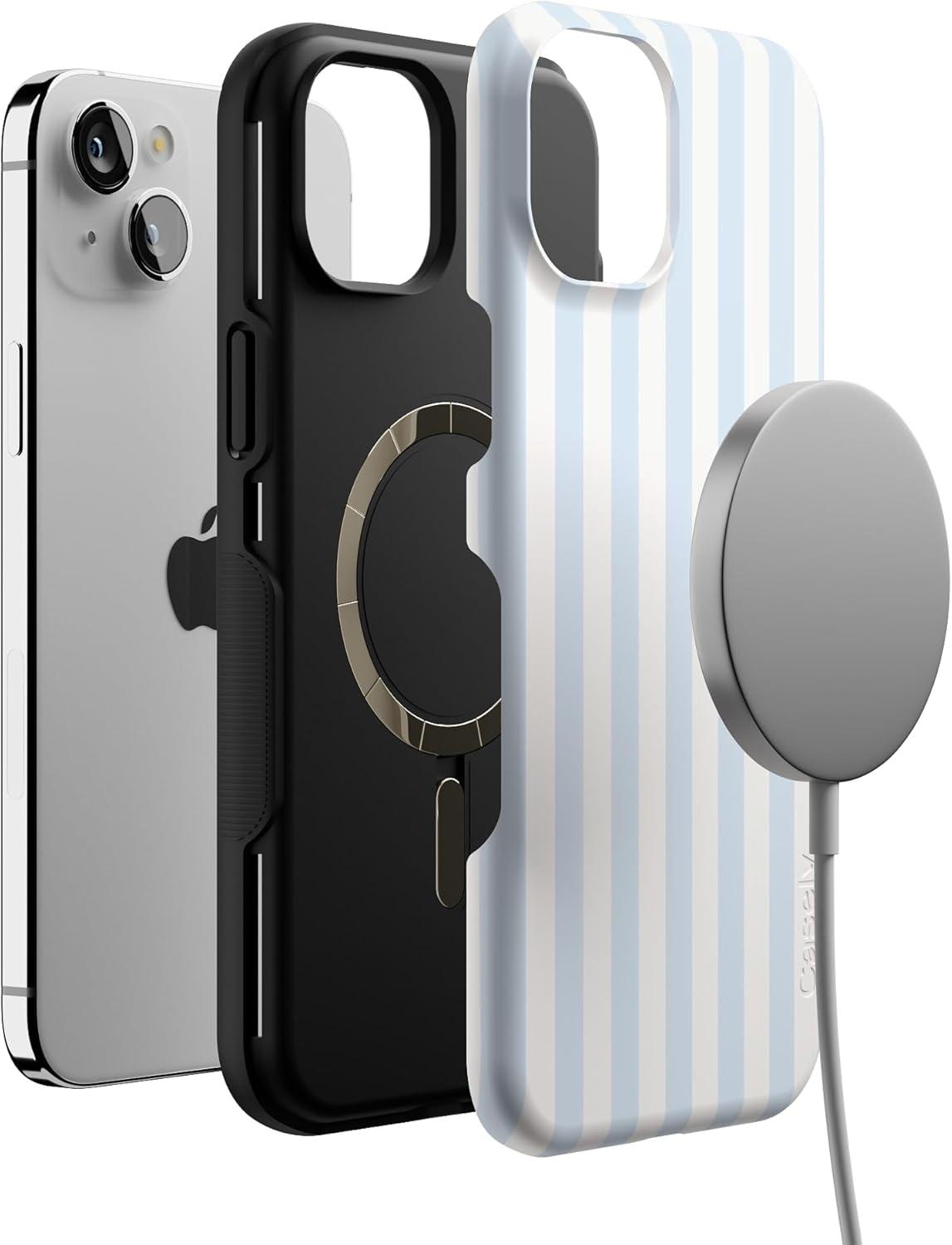 imageCasely iPhone 15 Case Be Mine Tiny Hearts Bold Protective Design Compatible with MagSafeBlue Stripes Sunday Best