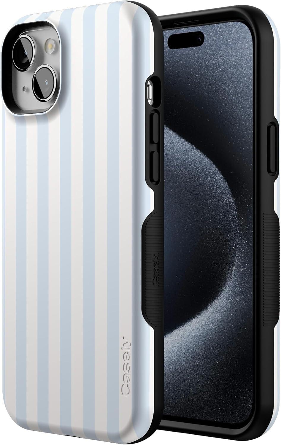 imageCasely iPhone 15 Case Be Mine Tiny Hearts Bold Protective Design Compatible with MagSafeBlue Stripes Sunday Best