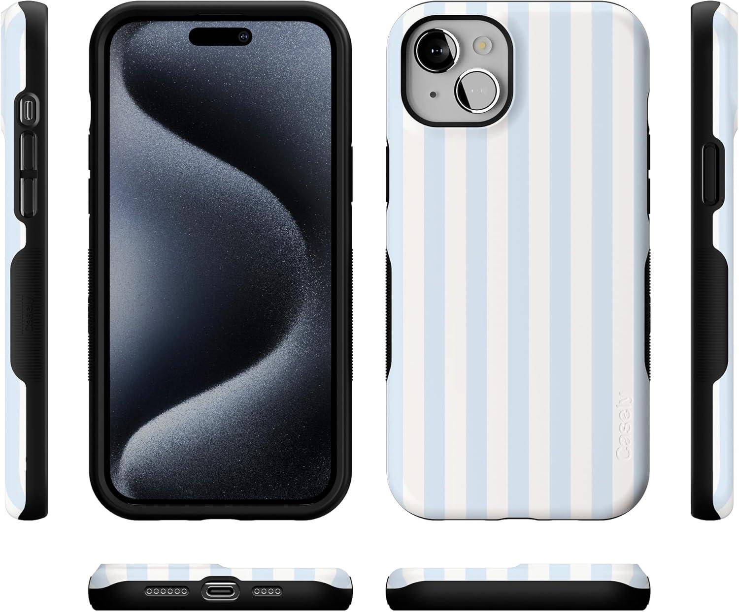 imageCasely iPhone 15 Case Be Mine Tiny Hearts Bold Protective Design Compatible with MagSafeBlue Stripes Sunday Best