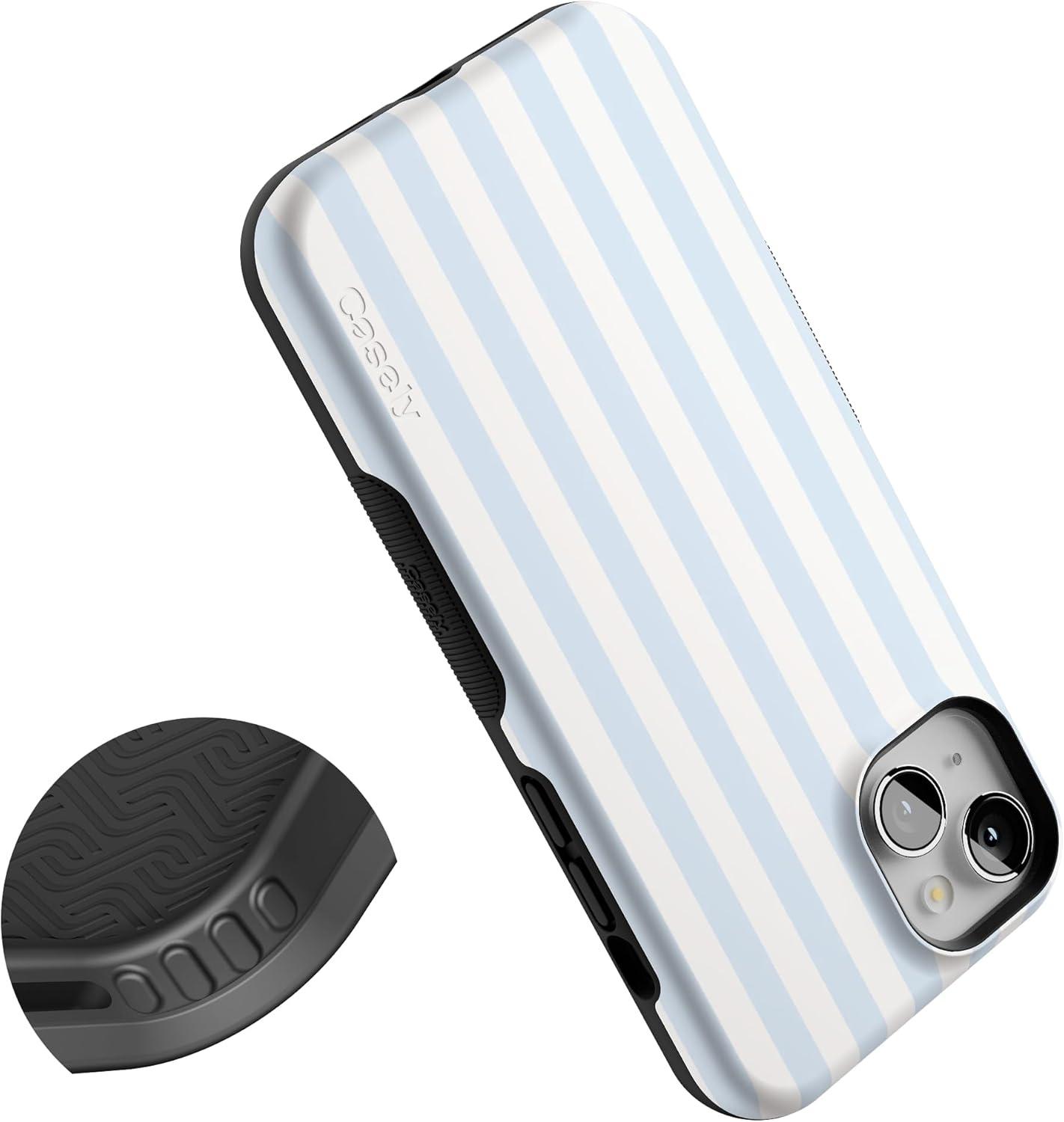 imageCasely iPhone 15 Case Be Mine Tiny Hearts Bold Protective Design Compatible with MagSafeBlue Stripes Sunday Best