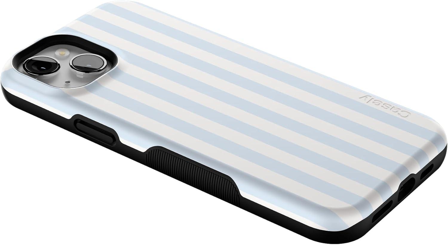 imageCasely iPhone 15 Case Be Mine Tiny Hearts Bold Protective Design Compatible with MagSafeBlue Stripes Sunday Best