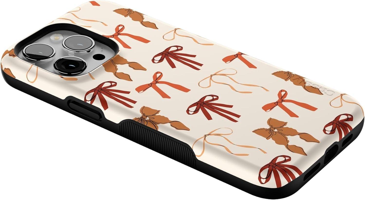 imageCasely iPhone 15 Pro Case Fall Girlie Pumpkin Spice Bows Compatible with MagSafe Bold Protective Design