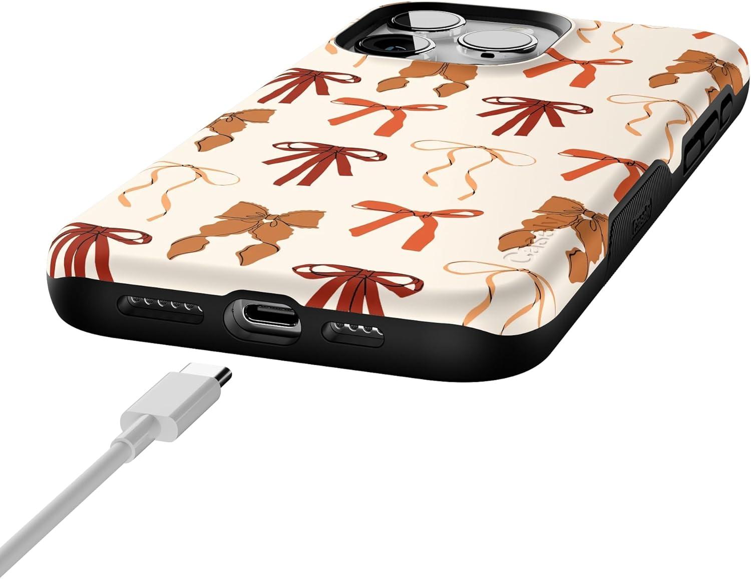 imageCasely iPhone 15 Pro Case Fall Girlie Pumpkin Spice Bows Compatible with MagSafe Bold Protective Design