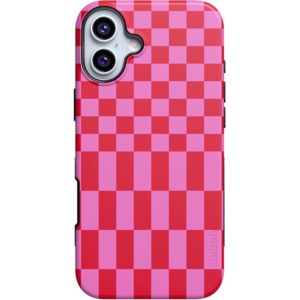 imageCasely iPhone 16 Case  Botanical Blooms  Floral Patchwork  Compatible with MagSafe  Bold Protective DesignVibe Check  Pink Checkerboard
