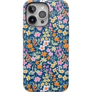 Casely iPhone 15 Pro Max Case | Kiwi Kiss | Matcha Green Shimmer Glitter | Bold Protective Design | Compatible with MagSafe(Full Bloom | Navy Floral)