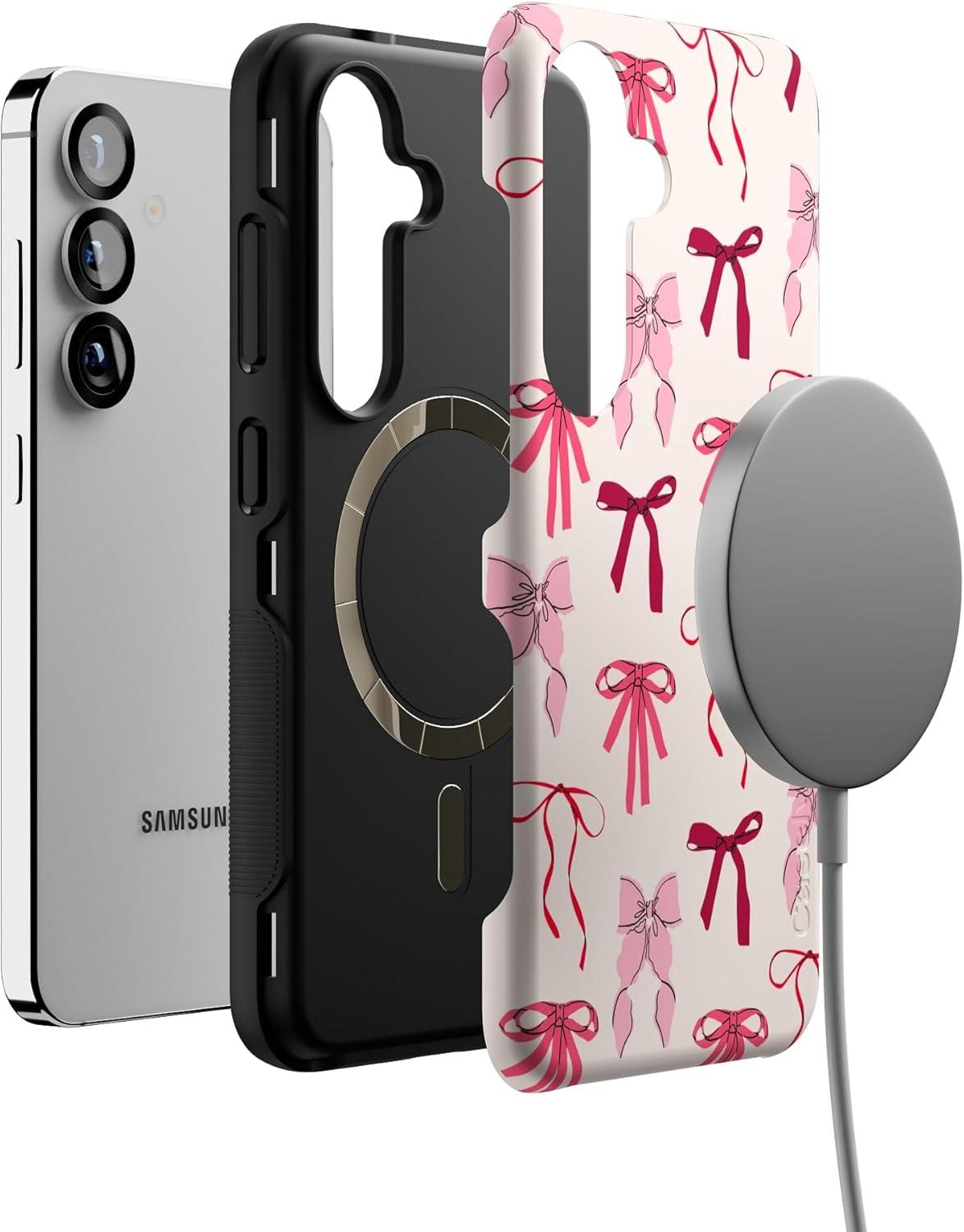 imageCasely Galaxy S25 Case Oasis Pura Vida Floral Compatible with MagSafe Bold Protective DesignLover Girlie Pink Bows