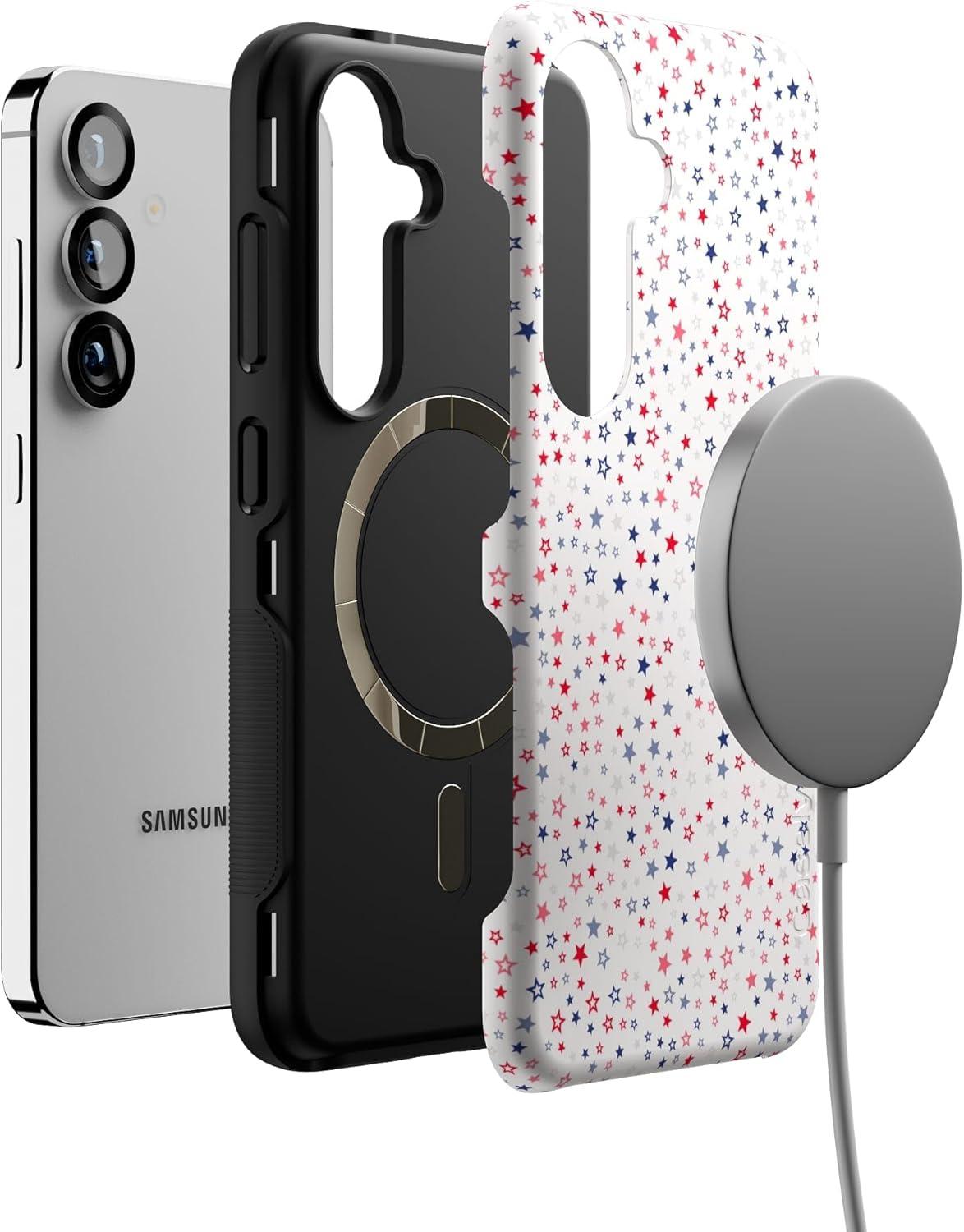 imageCasely Galaxy S25 Case Oasis Pura Vida Floral Compatible with MagSafe Bold Protective DesignSeeing Stars Red White Blue