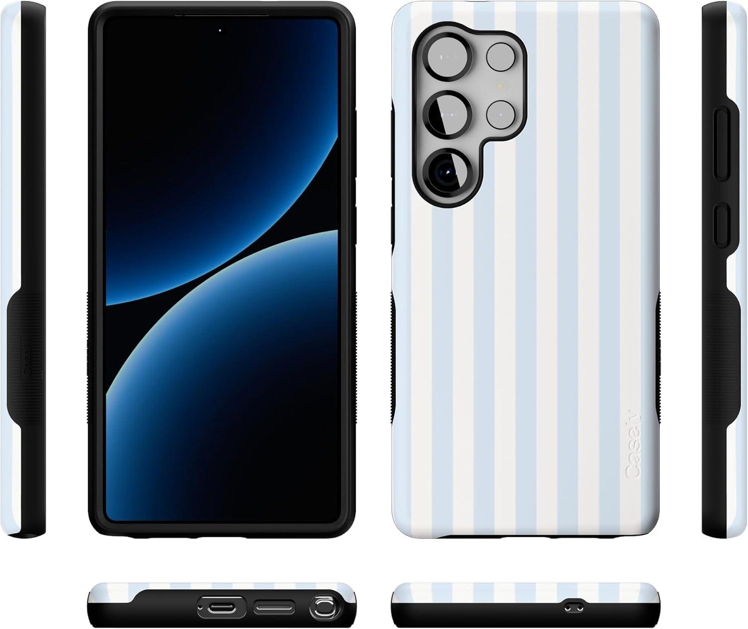 imageCasely Galaxy S25 Ultra Case Chateau Pups French Dog Compatible with MagSafe Bold Protective DesignBlue Stripes Sunday Best