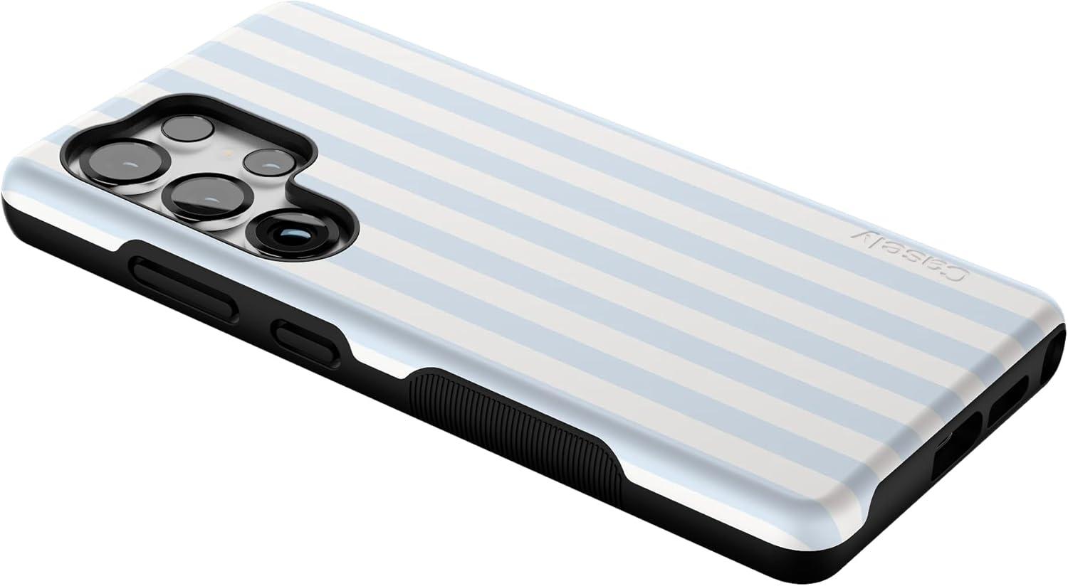 imageCasely Galaxy S25 Ultra Case Chateau Pups French Dog Compatible with MagSafe Bold Protective DesignBlue Stripes Sunday Best