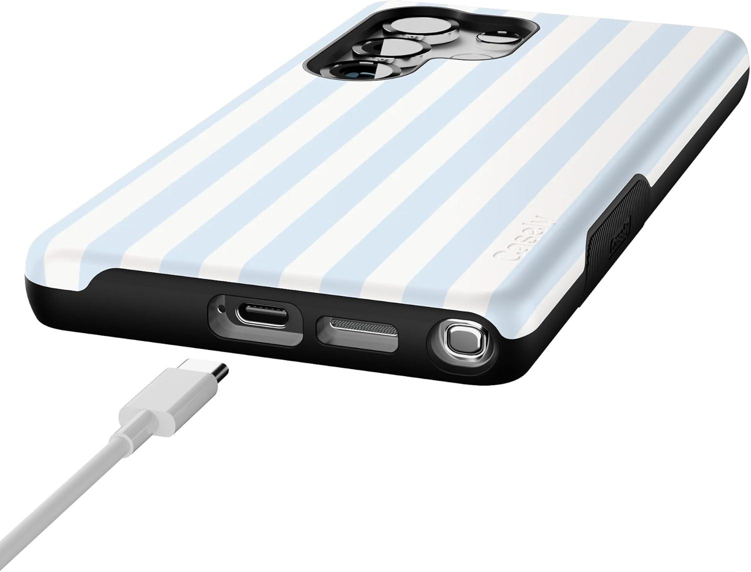 imageCasely Galaxy S25 Ultra Case Chateau Pups French Dog Compatible with MagSafe Bold Protective DesignBlue Stripes Sunday Best