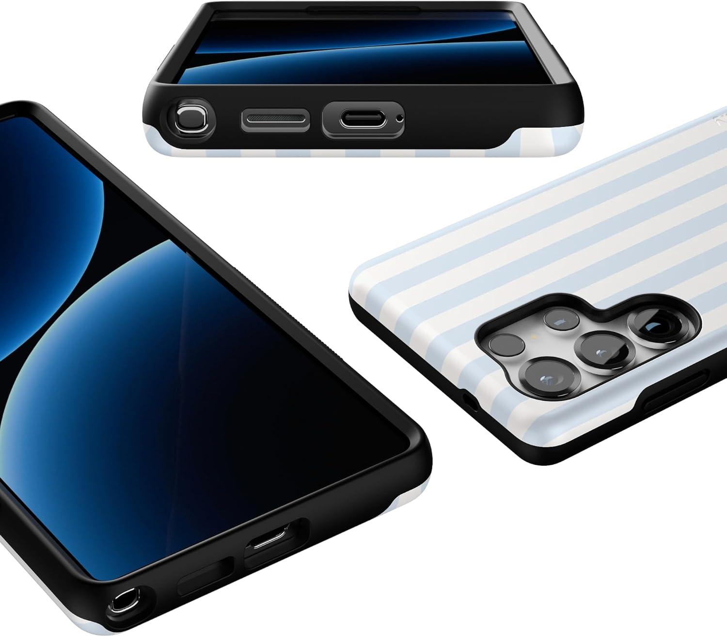 imageCasely Galaxy S25 Ultra Case Chateau Pups French Dog Compatible with MagSafe Bold Protective DesignBlue Stripes Sunday Best