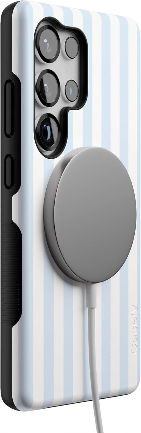 imageCasely Galaxy S25 Ultra Case Chateau Pups French Dog Compatible with MagSafe Bold Protective DesignBlue Stripes Sunday Best