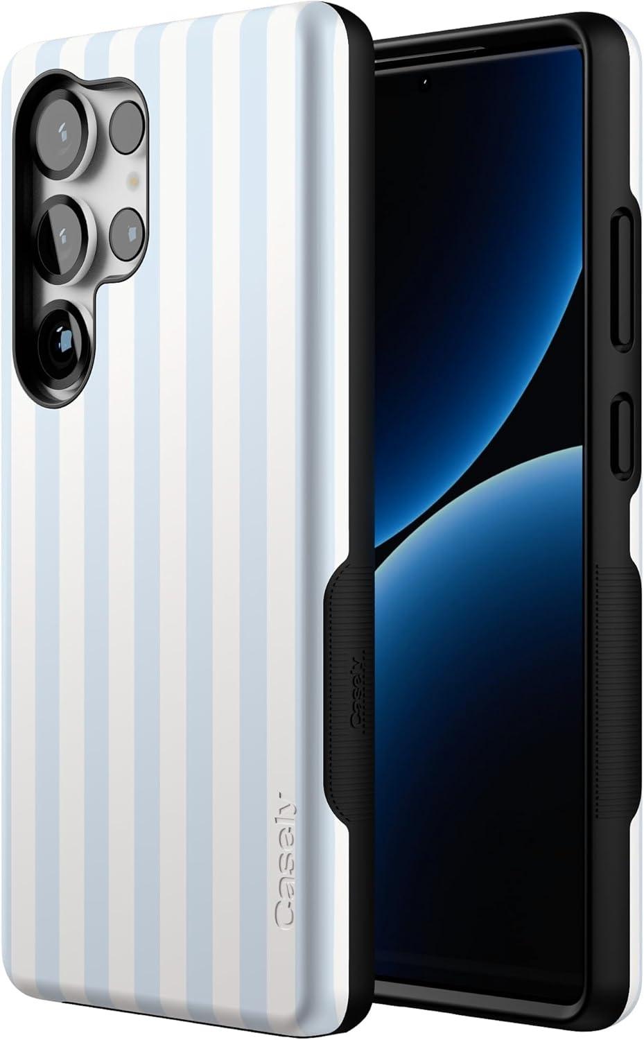 imageCasely Galaxy S25 Ultra Case Chateau Pups French Dog Compatible with MagSafe Bold Protective DesignBlue Stripes Sunday Best