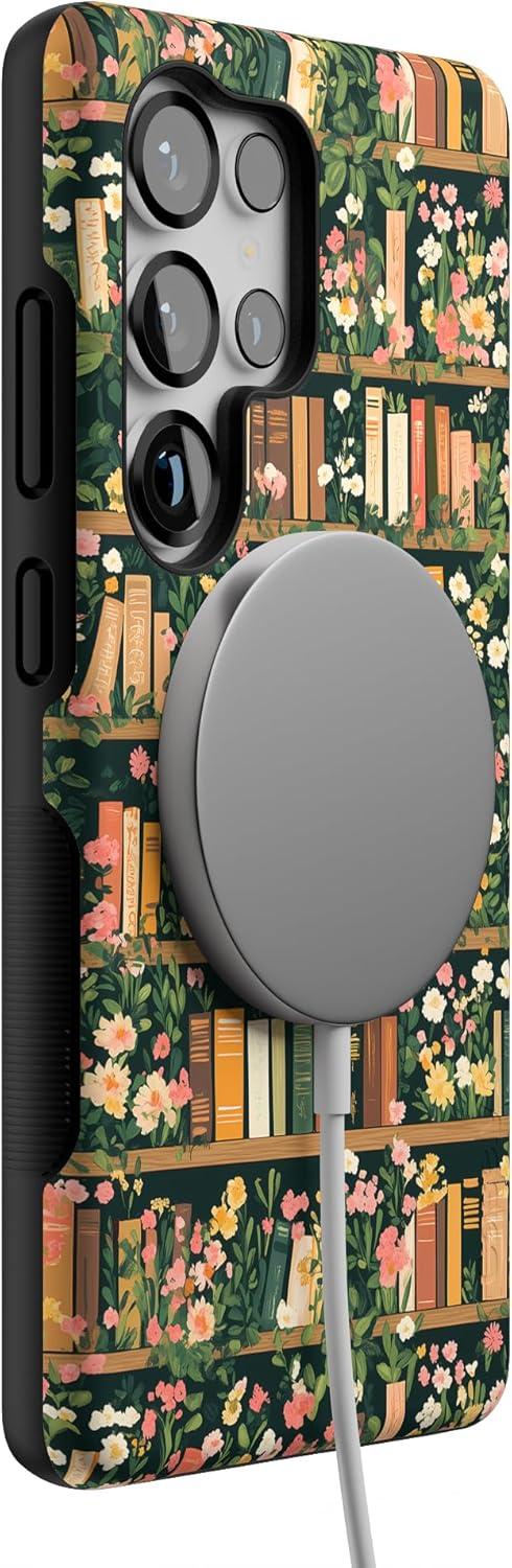 imageCasely Galaxy S25 Ultra Case Chateau Pups French Dog Compatible with MagSafe Bold Protective DesignBook Nook Floral Library