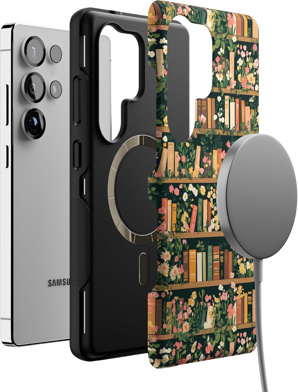 imageCasely Galaxy S25 Ultra Case Chateau Pups French Dog Compatible with MagSafe Bold Protective DesignBook Nook Floral Library