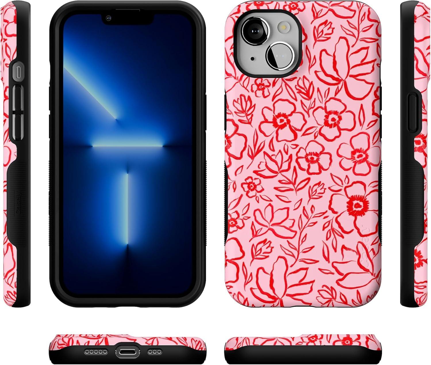 imageCasely iPhone 13 Case Field of Flowers Pastel Floral Compatible with MagSafe Bold Protective DesignBlush Garden Floral Doodle