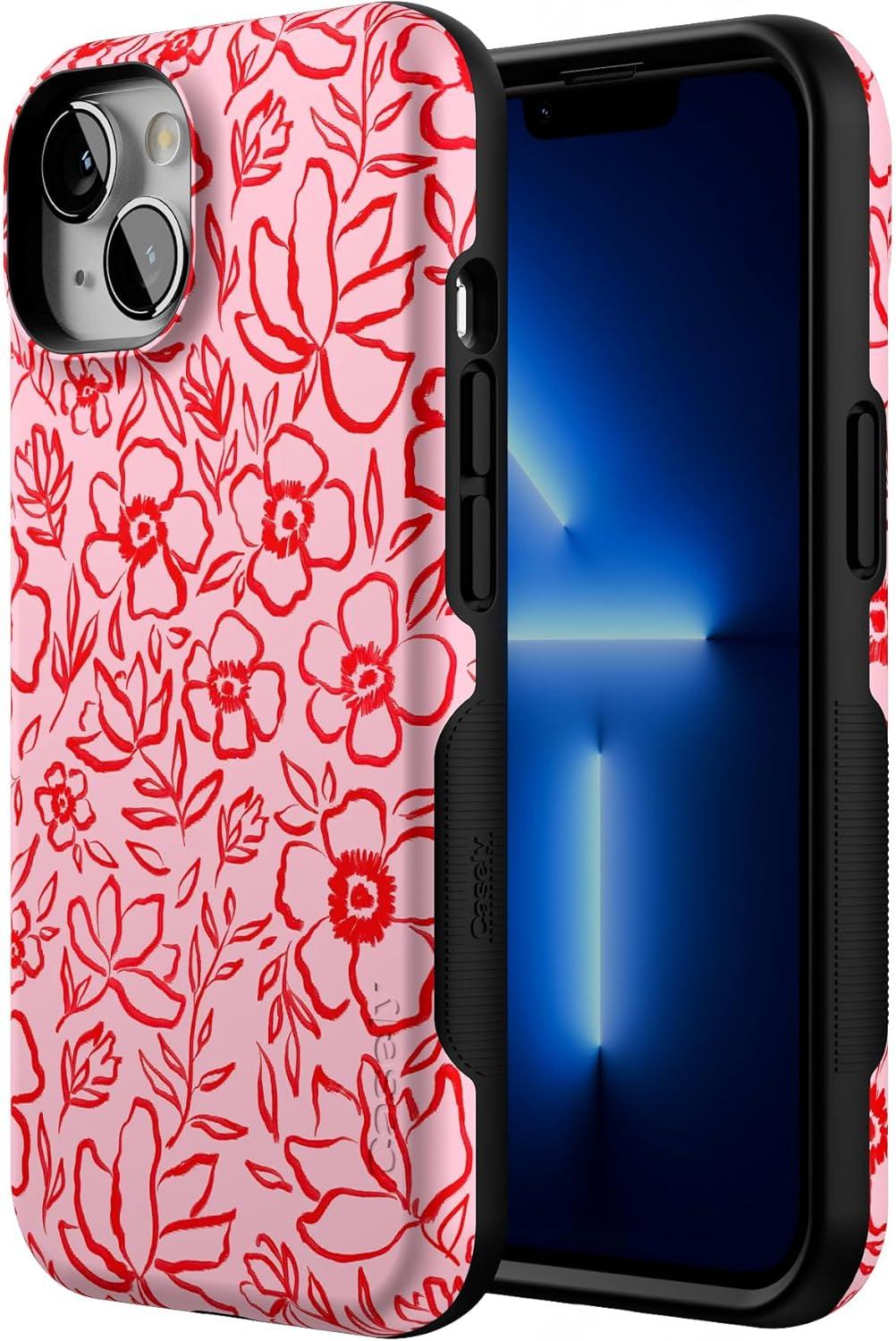 imageCasely iPhone 13 Case Field of Flowers Pastel Floral Compatible with MagSafe Bold Protective DesignBlush Garden Floral Doodle