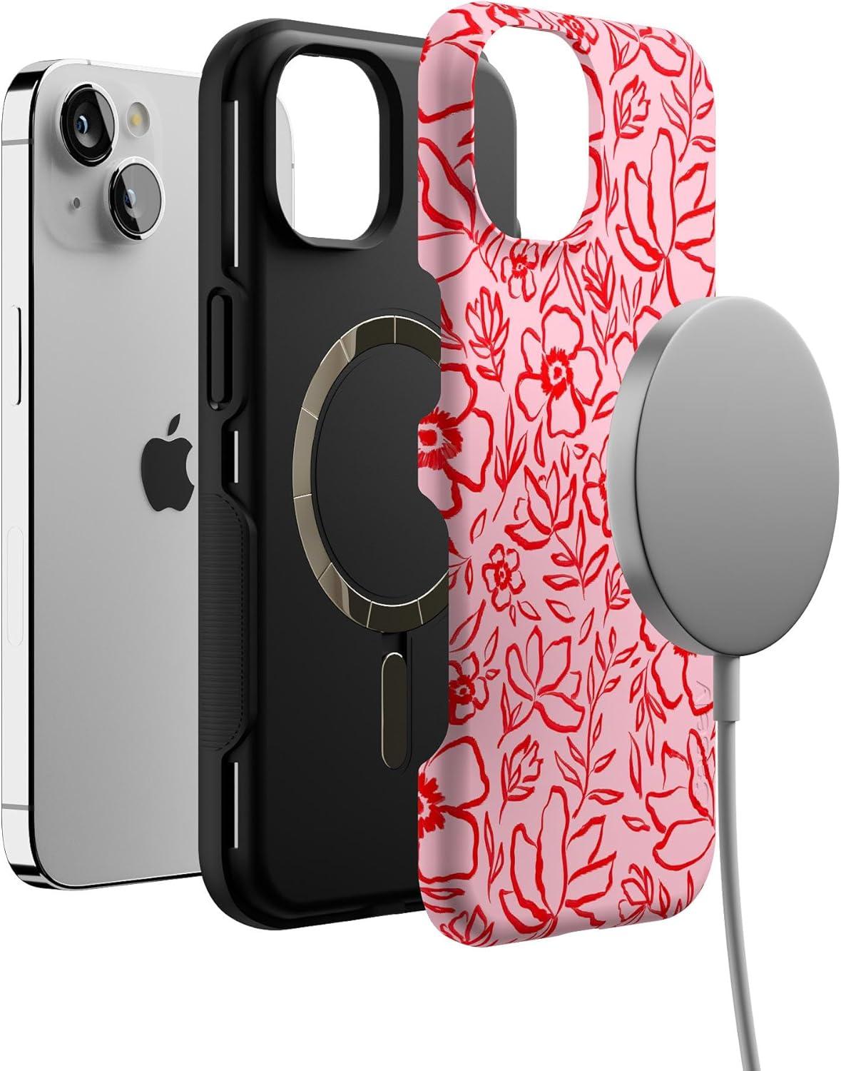 imageCasely iPhone 13 Case Field of Flowers Pastel Floral Compatible with MagSafe Bold Protective DesignBlush Garden Floral Doodle