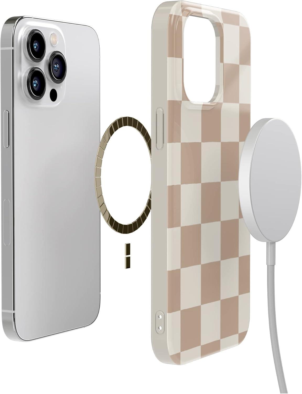 imageCasely iPhone 13 Pro Case Compatible with MagSafe Flower Patch Girly Floral CaseFit Check Neutral Checker