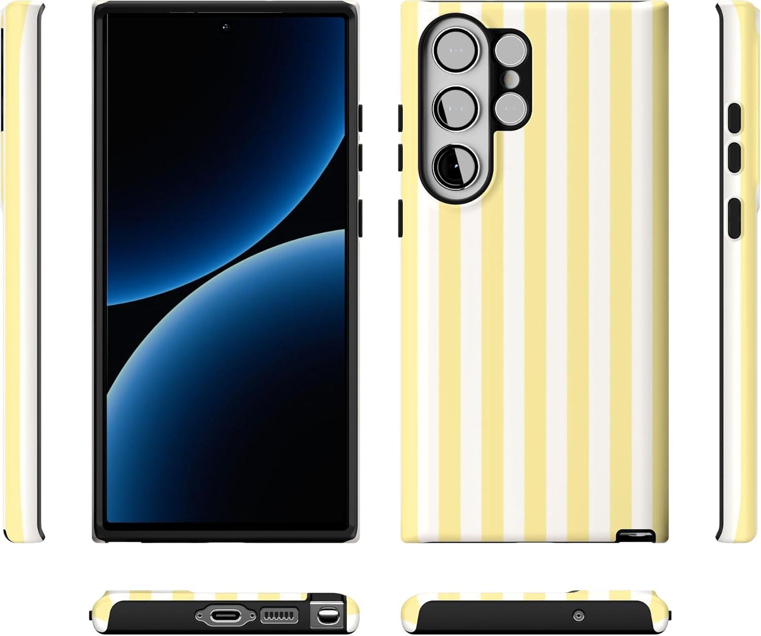 imageCasely Galaxy S23 Ultra Case Nantucket Cottage Blue Hydrangea Essential Slim DualLayer Protective DesignButter Yellow Stripes Sunday Best