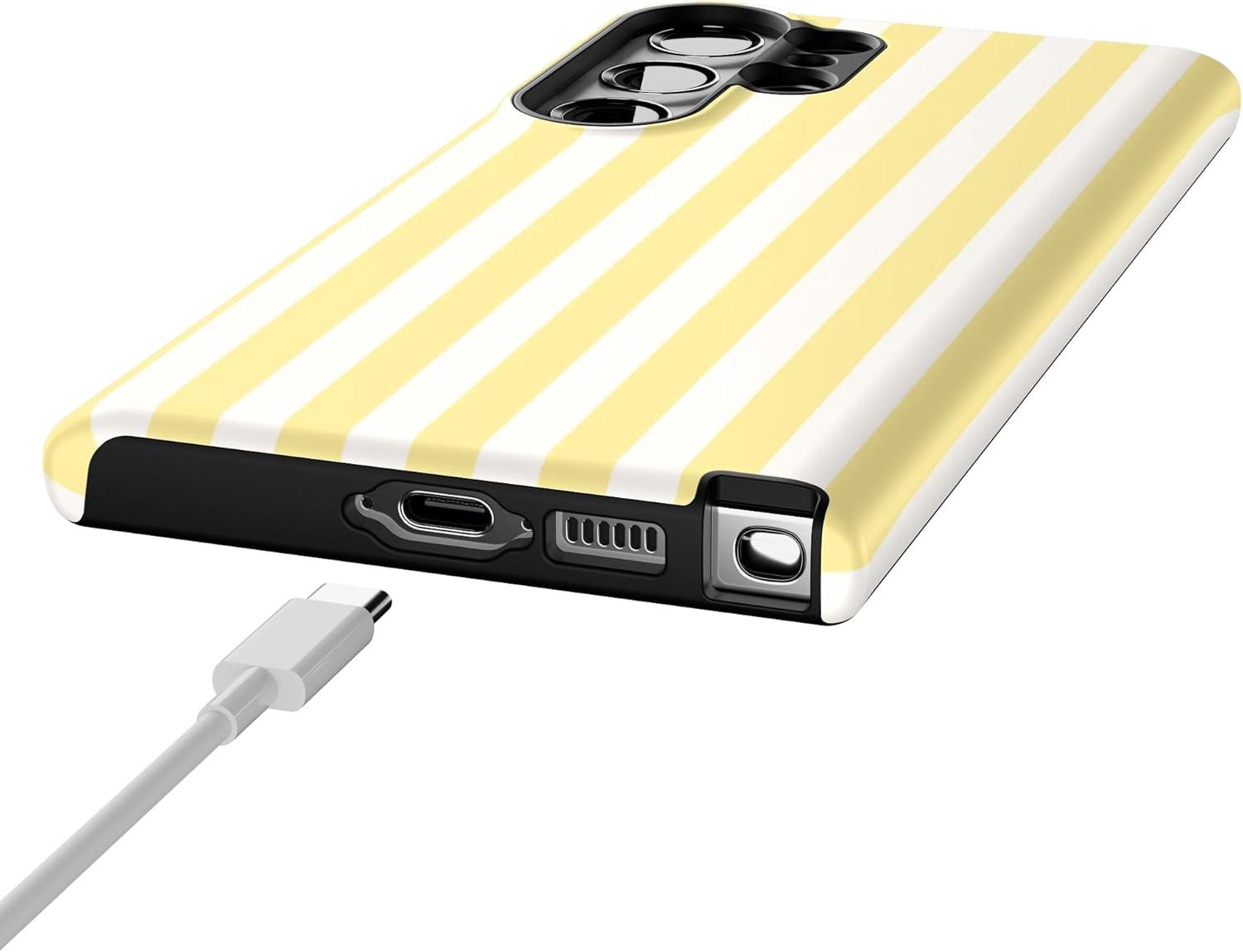 imageCasely Galaxy S23 Ultra Case Nantucket Cottage Blue Hydrangea Essential Slim DualLayer Protective DesignButter Yellow Stripes Sunday Best