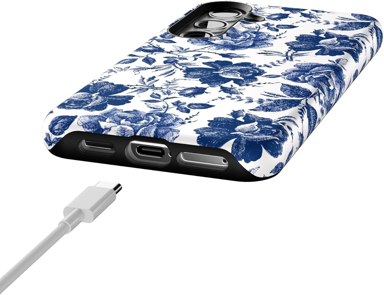 imageCasely Galaxy S24 Case Tuscan Tiles Dolce Vita Essential Slim DualLayer Protective DesignBlue White Rose Floral Rose to Fame