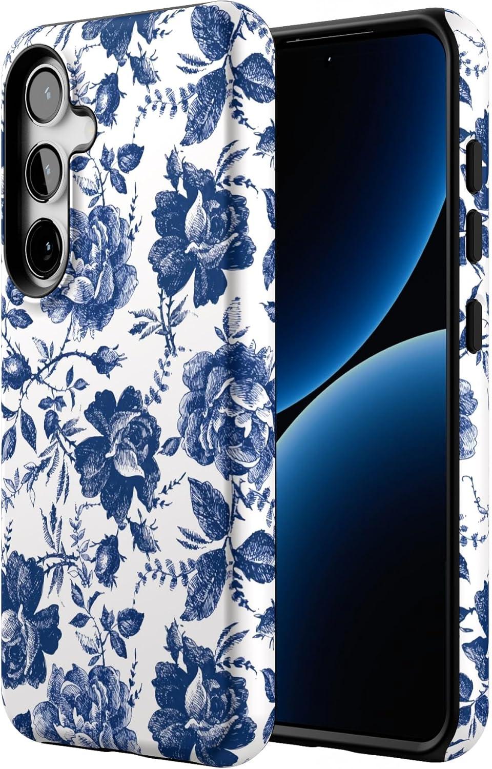 imageCasely Galaxy S24 Case Tuscan Tiles Dolce Vita Essential Slim DualLayer Protective DesignBlue White Rose Floral Rose to Fame