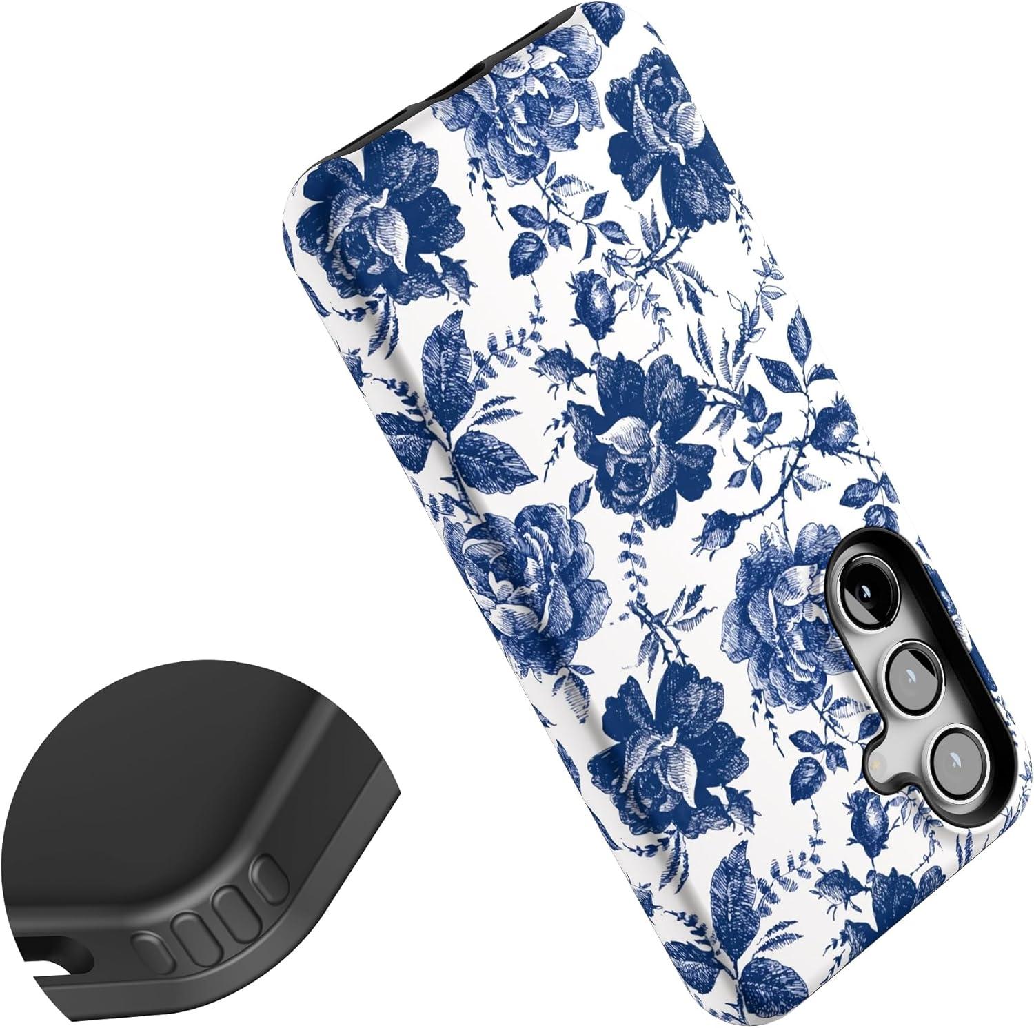 imageCasely Galaxy S24 Case Tuscan Tiles Dolce Vita Essential Slim DualLayer Protective DesignBlue White Rose Floral Rose to Fame