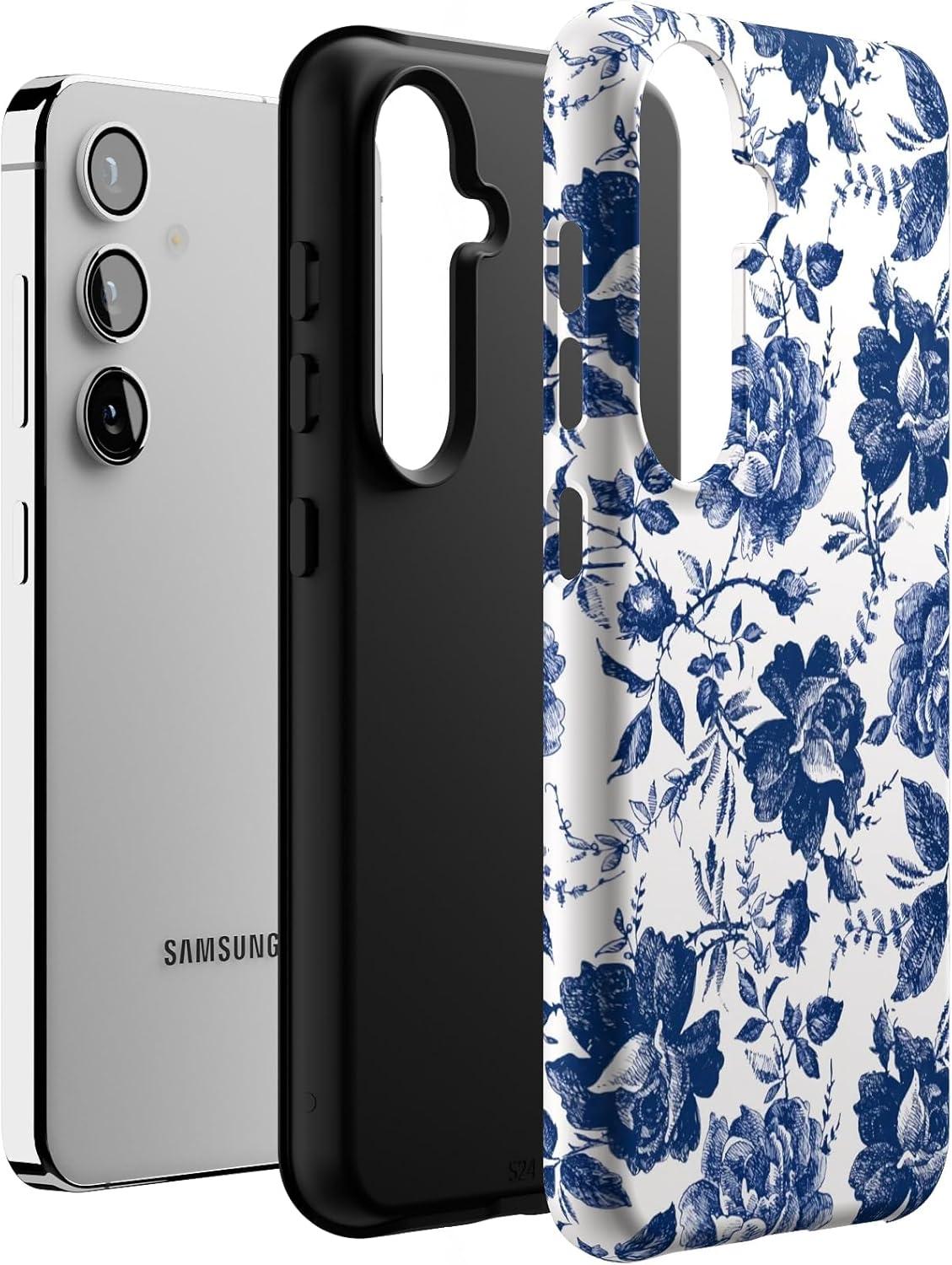 imageCasely Galaxy S24 Case Tuscan Tiles Dolce Vita Essential Slim DualLayer Protective DesignBlue White Rose Floral Rose to Fame