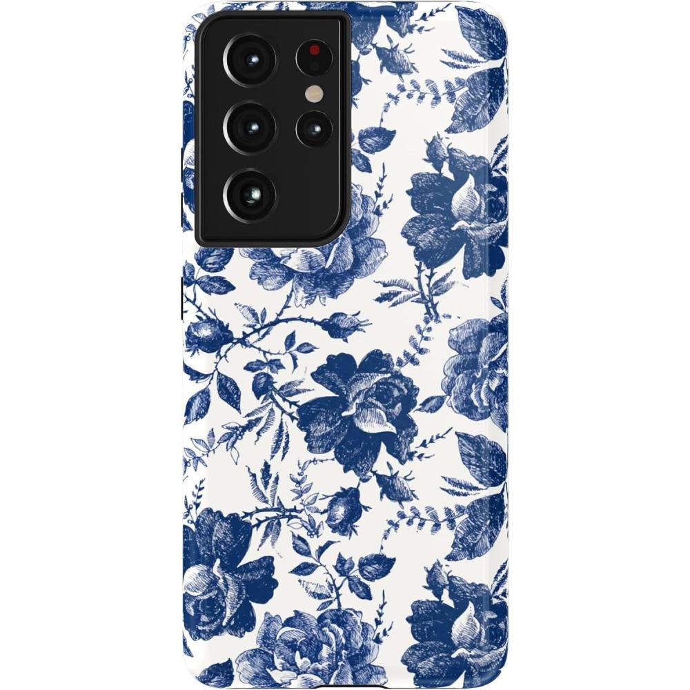imageCasely Galaxy S21 Ultra Case  Amalfi Aperitivo  Dolce Vita  Essential Slim DualLayer Protective DesignRose to Fame  Blue  White Rose Floral