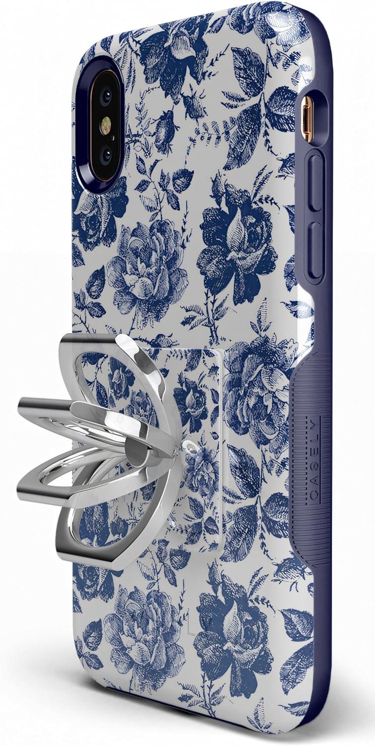 imageCasely Phone Ring  Rose to Fame  Blue amp White Rose Phone Ring  360 Degree Complete Swivel Strong Adhesive Remove and Reuse Works on Any PhoneRose to Fame  Blue  White Rose