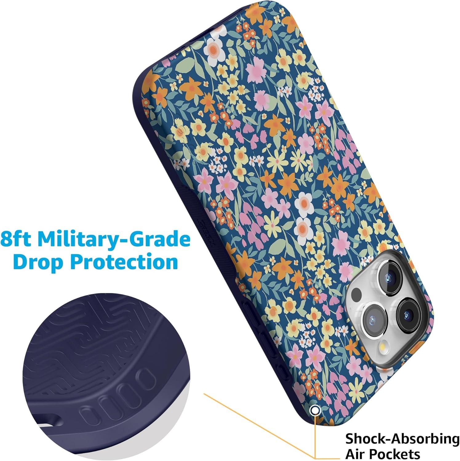 imageCasely iPhone 15 Pro Case  Keep It Classic  Crayola Crayon Box  Bold Protective Design  Compatible with MagSafeFull Bloom  Navy Floral