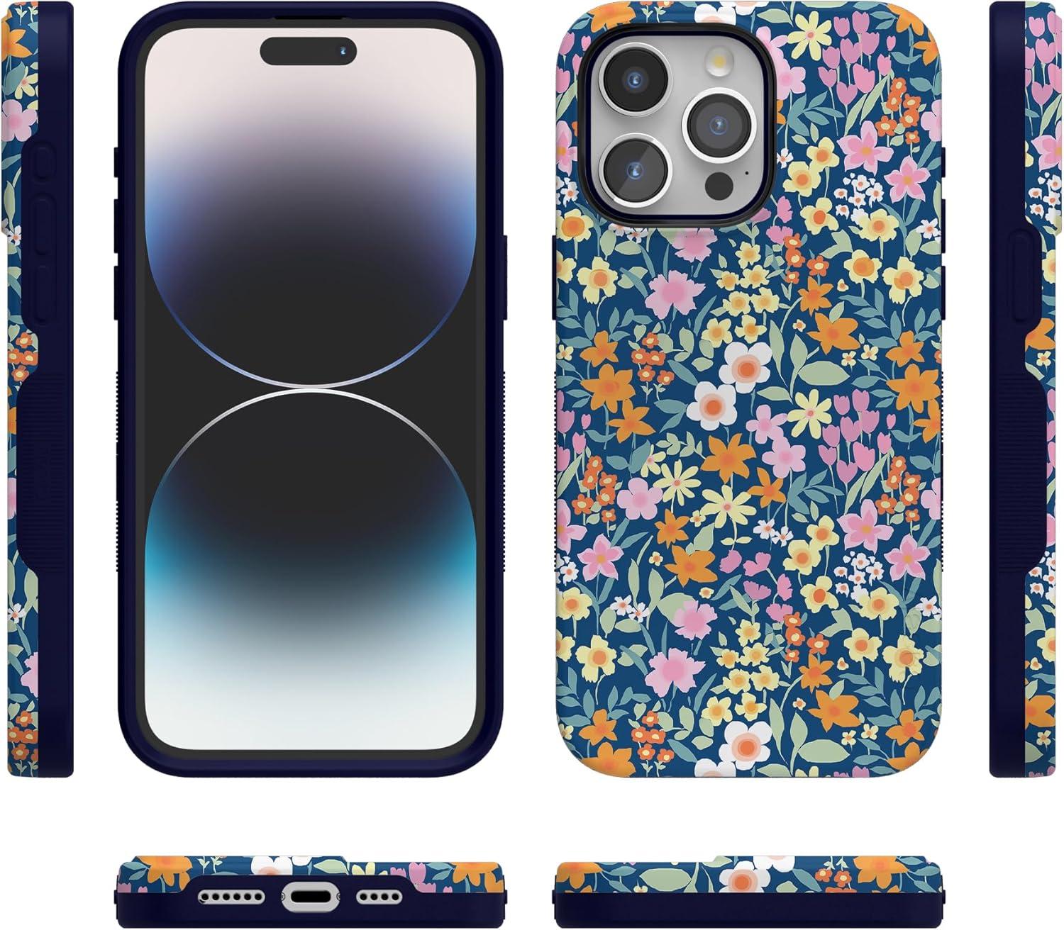 imageCasely iPhone 15 Pro Case  Keep It Classic  Crayola Crayon Box  Bold Protective Design  Compatible with MagSafeFull Bloom  Navy Floral