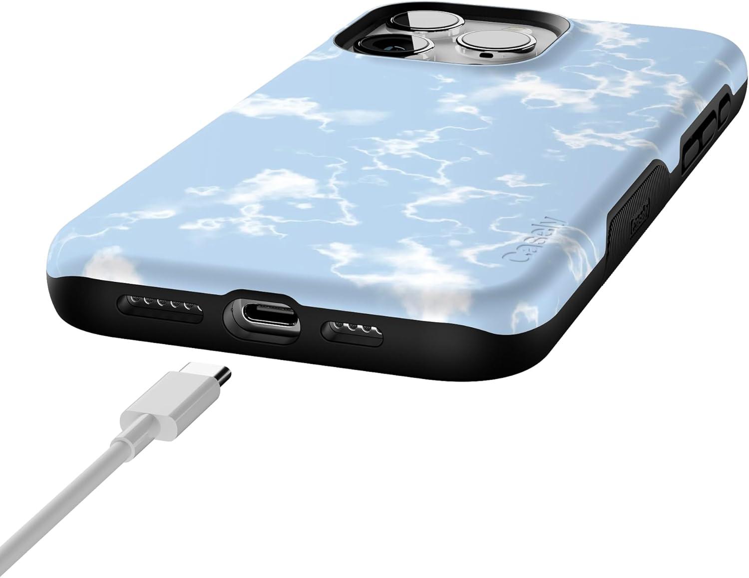 imageCasely iPhone 15 Pro Case  Keep It Classic  Crayola Crayon Box  Bold Protective Design  Compatible with MagSafeLight Blue Skies  Marble Clouds