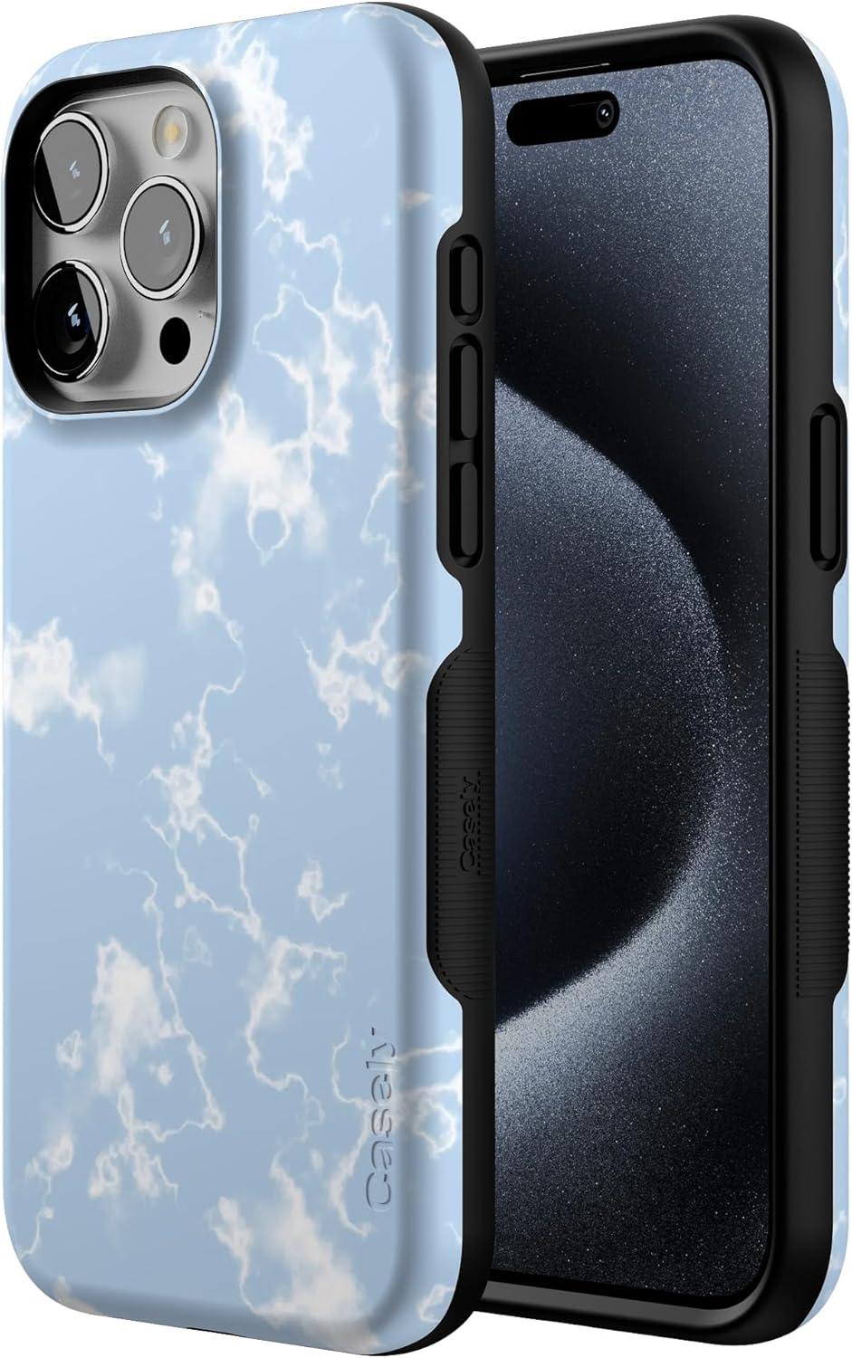 imageCasely iPhone 15 Pro Case  Keep It Classic  Crayola Crayon Box  Bold Protective Design  Compatible with MagSafeLight Blue Skies  Marble Clouds