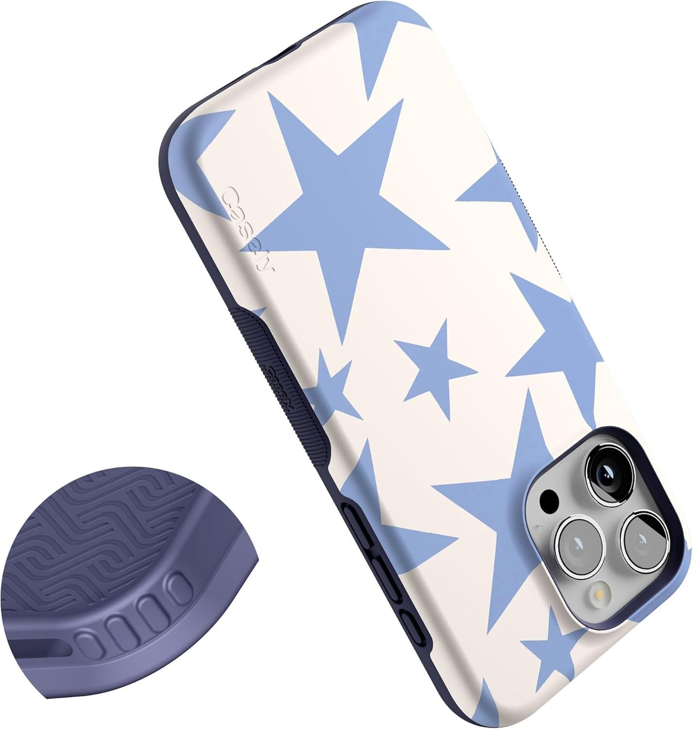 imageCasely iPhone 15 Pro Case  Keep It Classic  Crayola Crayon Box  Bold Protective Design  Compatible with MagSafeStars Align  Blue  White Stars