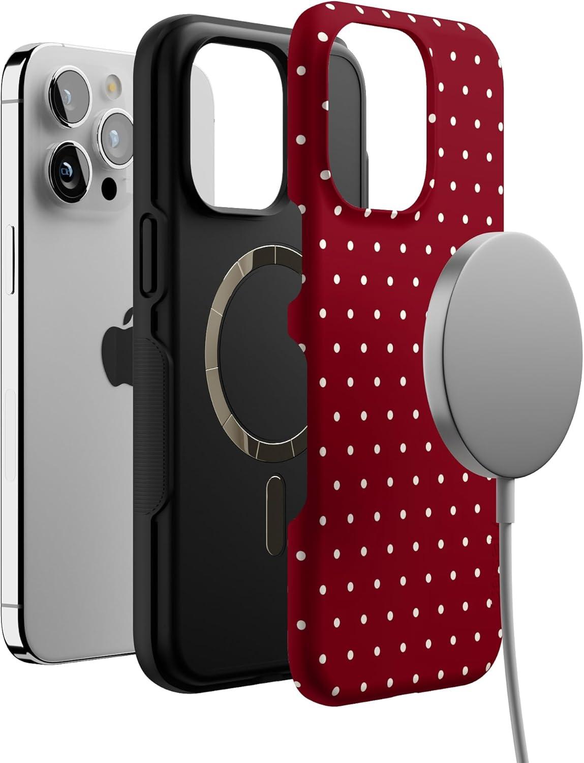 imageCasely iPhone 15 Pro Case  On The Dot  Maroon Polka Dot  Compatible with MagSafe  Bold Protective Design
