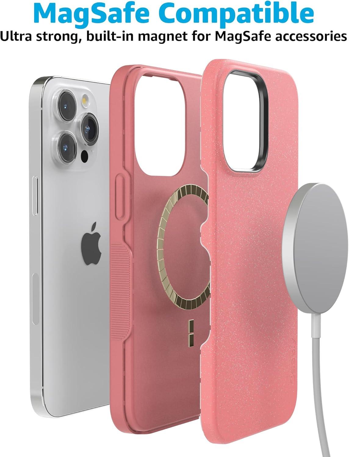 imageCasely iPhone 15 Pro Case  Starfish Wishes  Coral Pink Shimmer Glitter  Bold Protective Design  Compatible with MagSafe