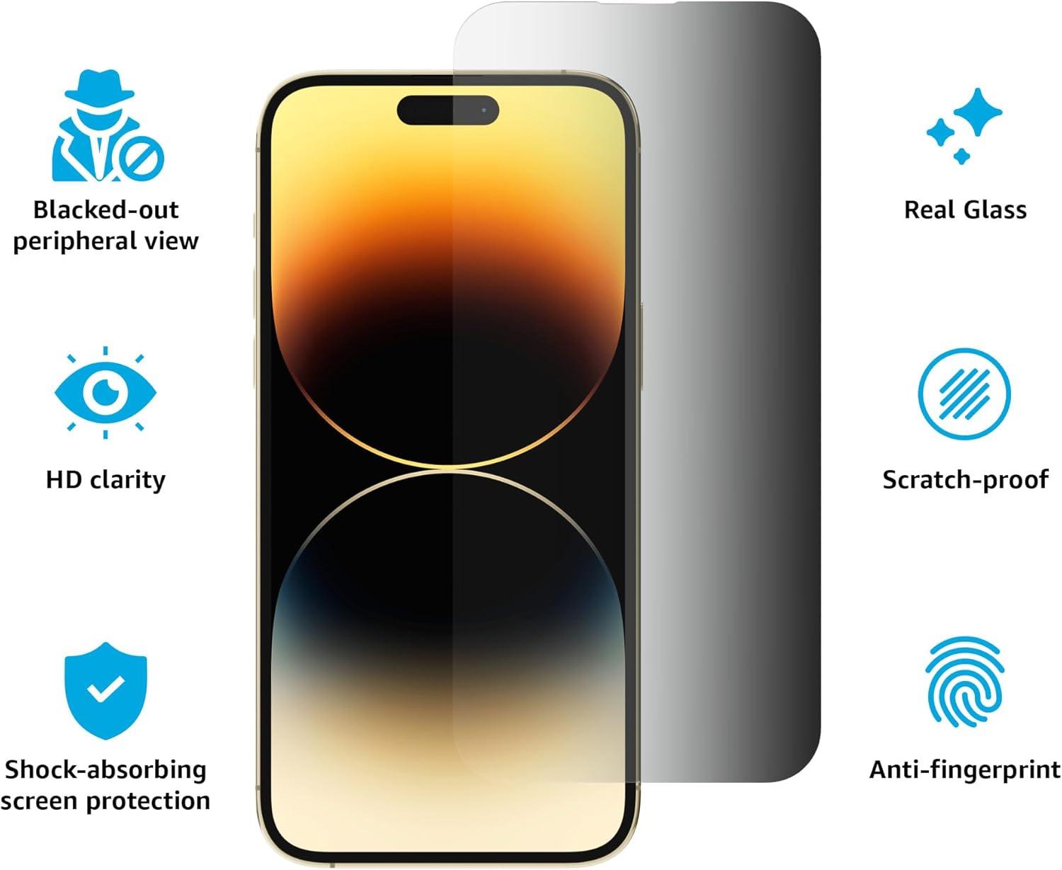 imageCasely iPhone 15 Pro Privacy Glass  AntiSpy Tempered Glass Screen ProtectoriPhone 14 Pro Max