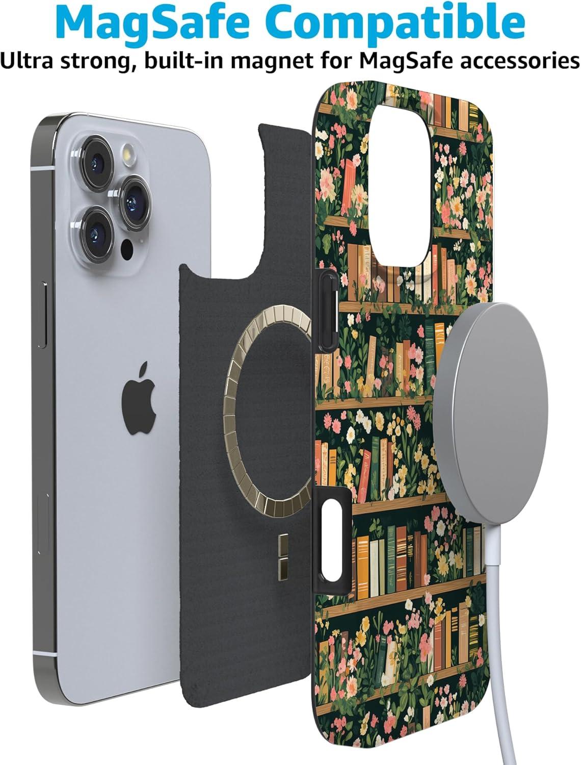 imageCasely iPhone 16 Pro Case  Glitter Mystic Moss  Green Enchanted Shimmer  Compatible with MagSafe  Classic UltraSlim Case DesignBook Nook  Floral Library