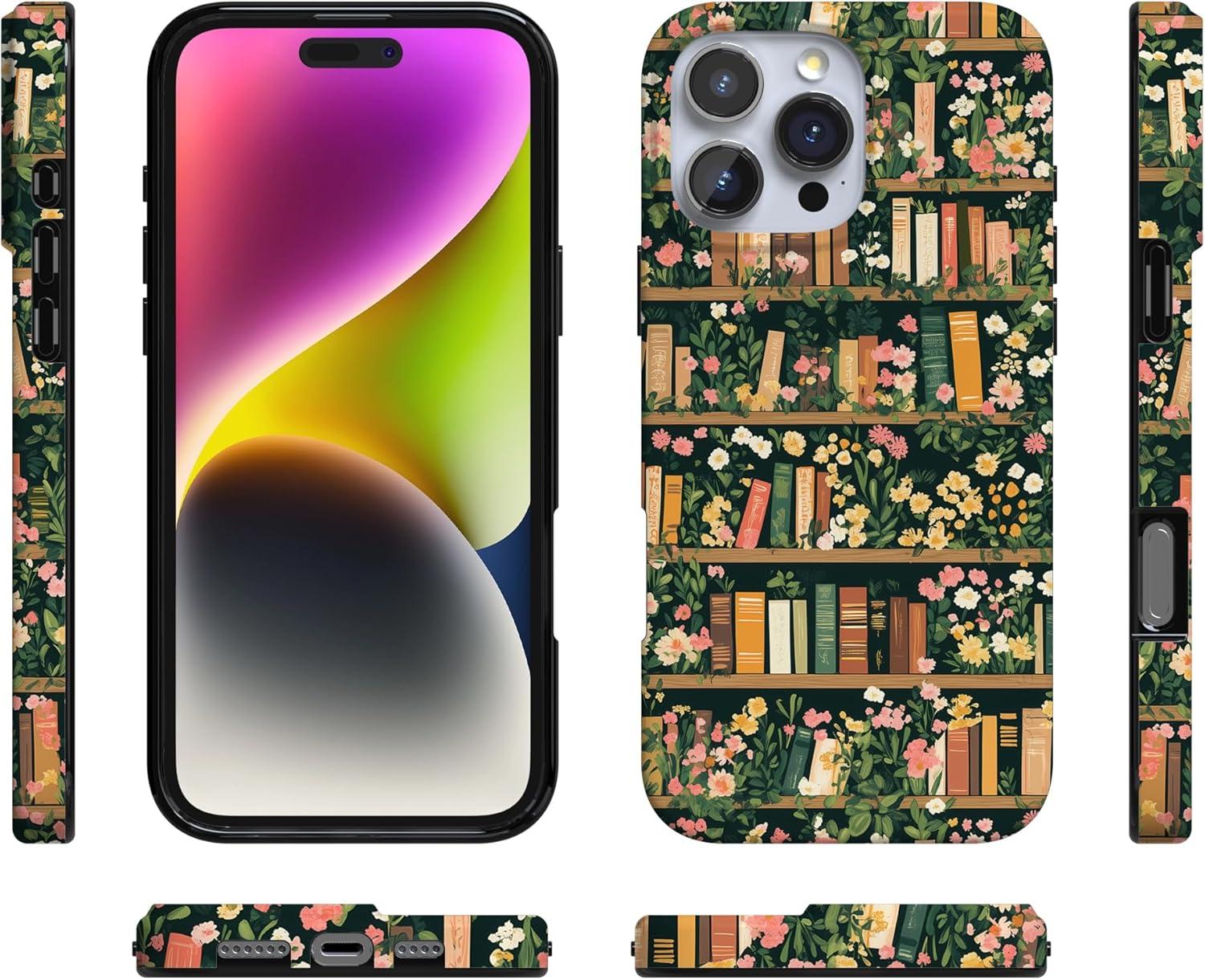 imageCasely iPhone 16 Pro Case  Glitter Mystic Moss  Green Enchanted Shimmer  Compatible with MagSafe  Classic UltraSlim Case DesignBook Nook  Floral Library