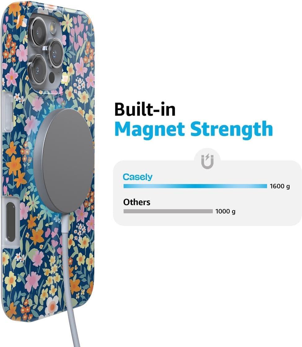 imageCasely iPhone 16 Pro Case  Glitter Mystic Moss  Green Enchanted Shimmer  Compatible with MagSafe  Classic UltraSlim Case DesignFull Bloom  Navy Floral