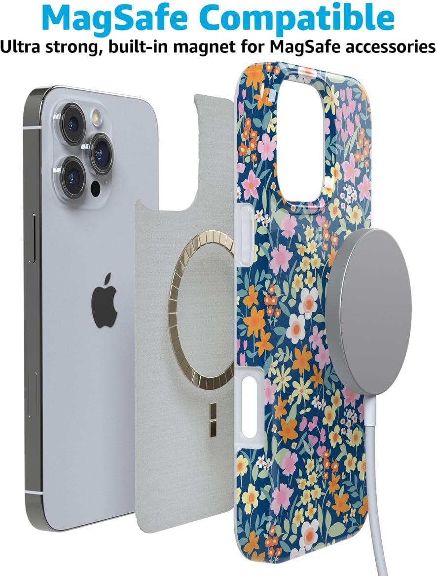 imageCasely iPhone 16 Pro Case  Glitter Mystic Moss  Green Enchanted Shimmer  Compatible with MagSafe  Classic UltraSlim Case DesignFull Bloom  Navy Floral