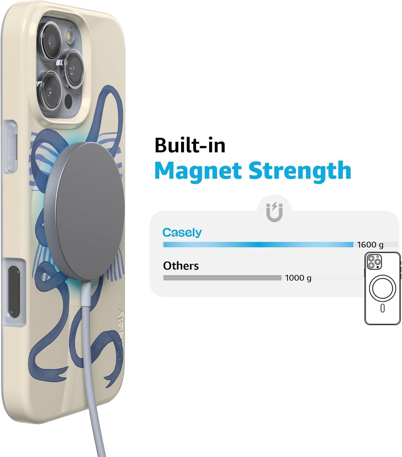 imageCasely iPhone 16 Pro Case  Glitter Mystic Moss  Green Enchanted Shimmer  Compatible with MagSafe  Classic UltraSlim Case DesignHeartstrings  Blue Bow