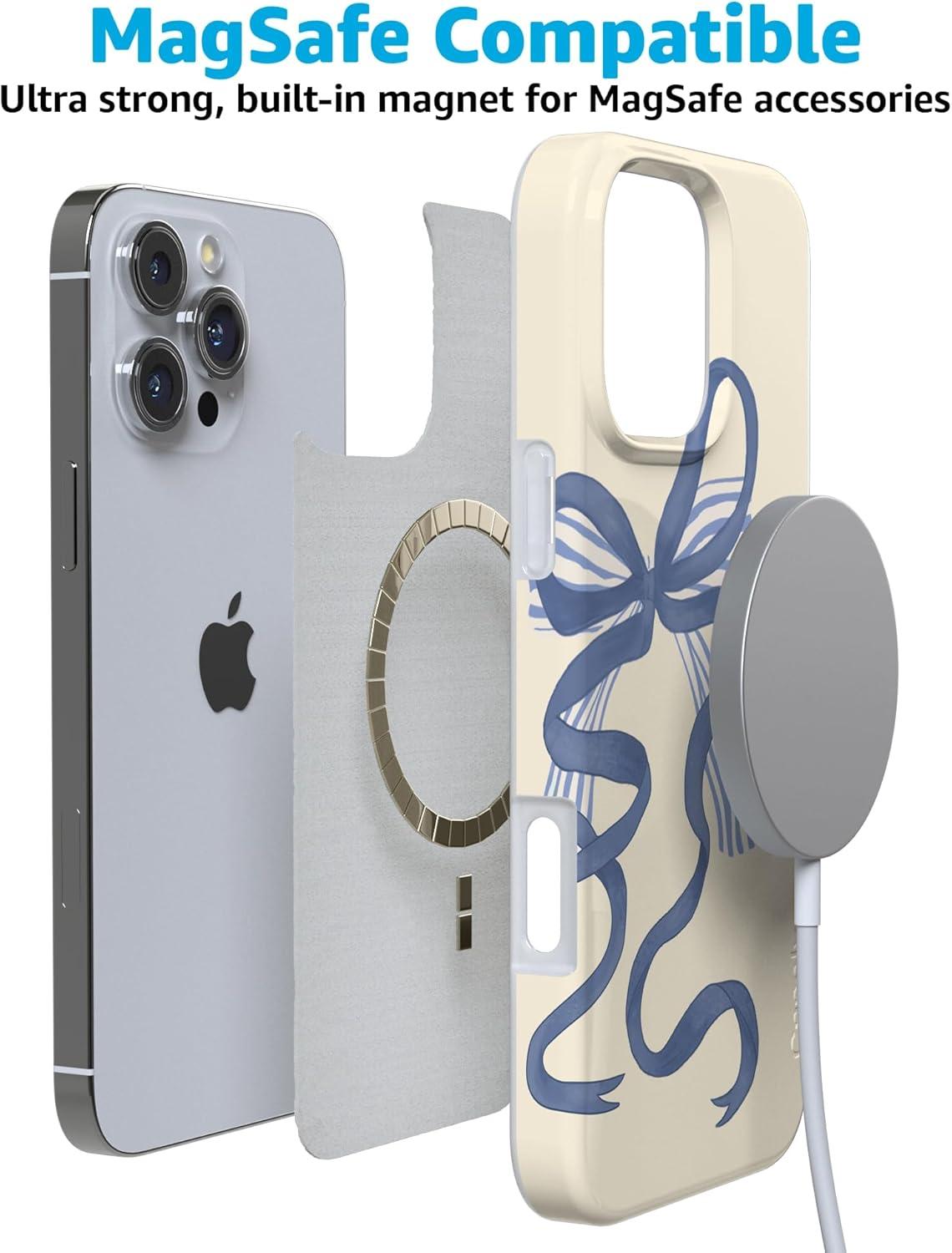 imageCasely iPhone 16 Pro Case  Glitter Mystic Moss  Green Enchanted Shimmer  Compatible with MagSafe  Classic UltraSlim Case DesignHeartstrings  Blue Bow