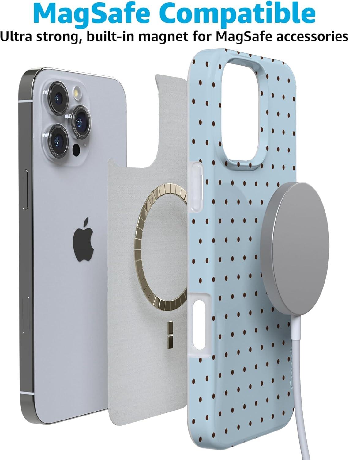 imageCasely iPhone 16 Pro Case  Glitter Mystic Moss  Green Enchanted Shimmer  Compatible with MagSafe  Classic UltraSlim Case DesignOn the Dot  Blue Polka Dot